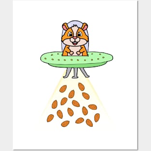 Funny orange hamster is flying a spaceship Posters and Art